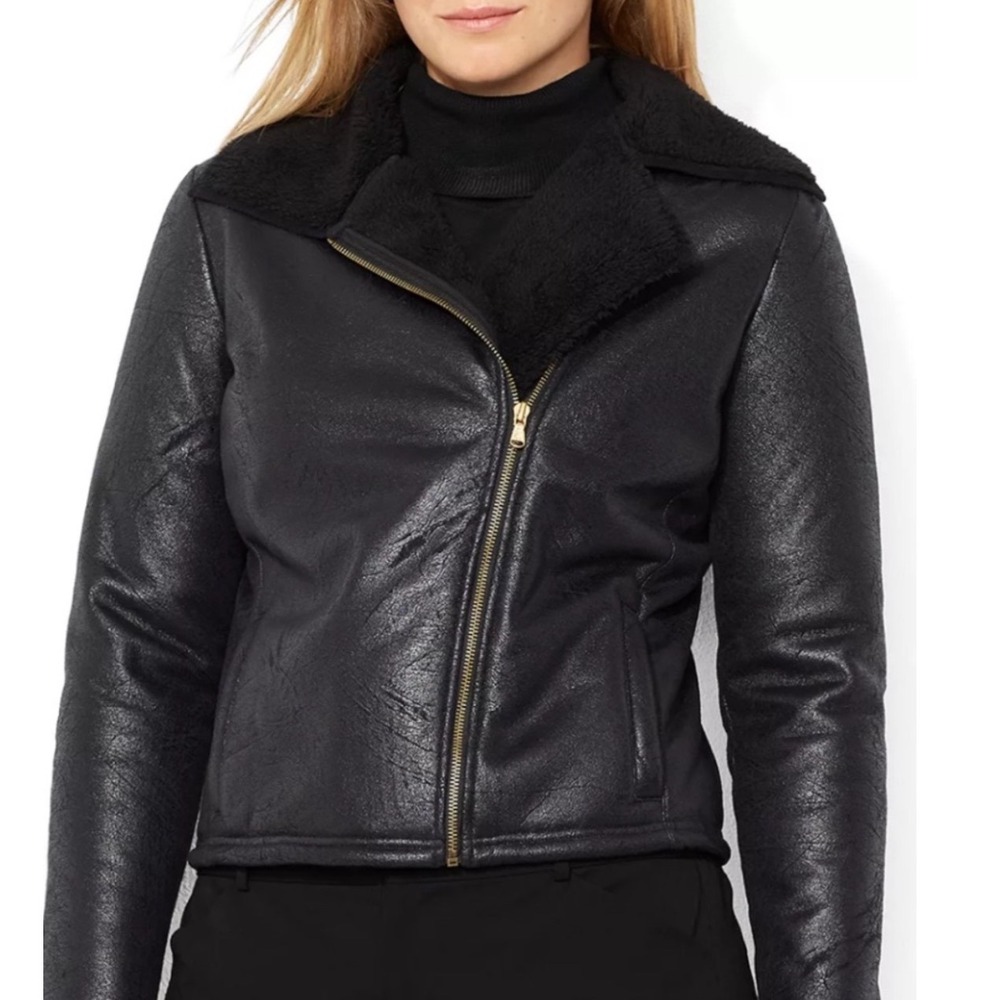Lauren Ralph Lauren Black‎ Faux Shearling Moto Jacket Plus Size 3X Faux Leather